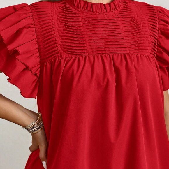 Red Casual Women's Plus Size Ruffle Trim Tops - Picture 5 of 6